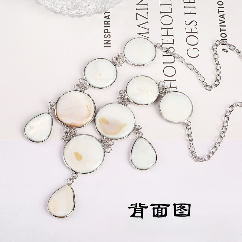 Ocean Queen Natural White Shell Long Necklace for Women, Versatile High-End Look Collarbone Chain, Copper Silver-Plated Jewelry Wholesale
