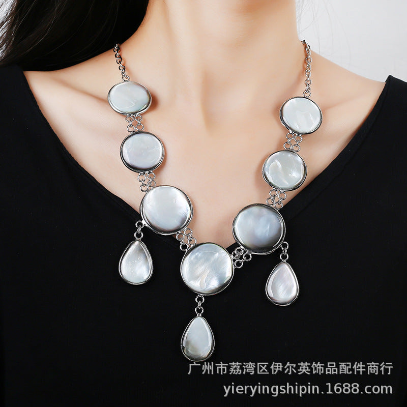 Ocean Queen Natural White Shell Long Necklace for Women, Versatile High-End Look Collarbone Chain, Copper Silver-Plated Jewelry Wholesale