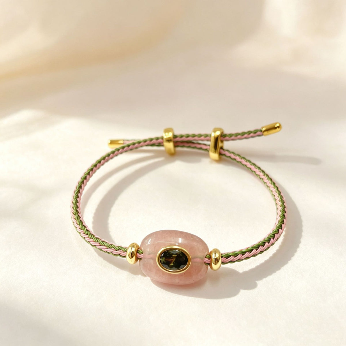 Hand-woven adjustable bracelet featuring crystals, gemstones, and gold threads—a colorful, mood-boosting accessory.