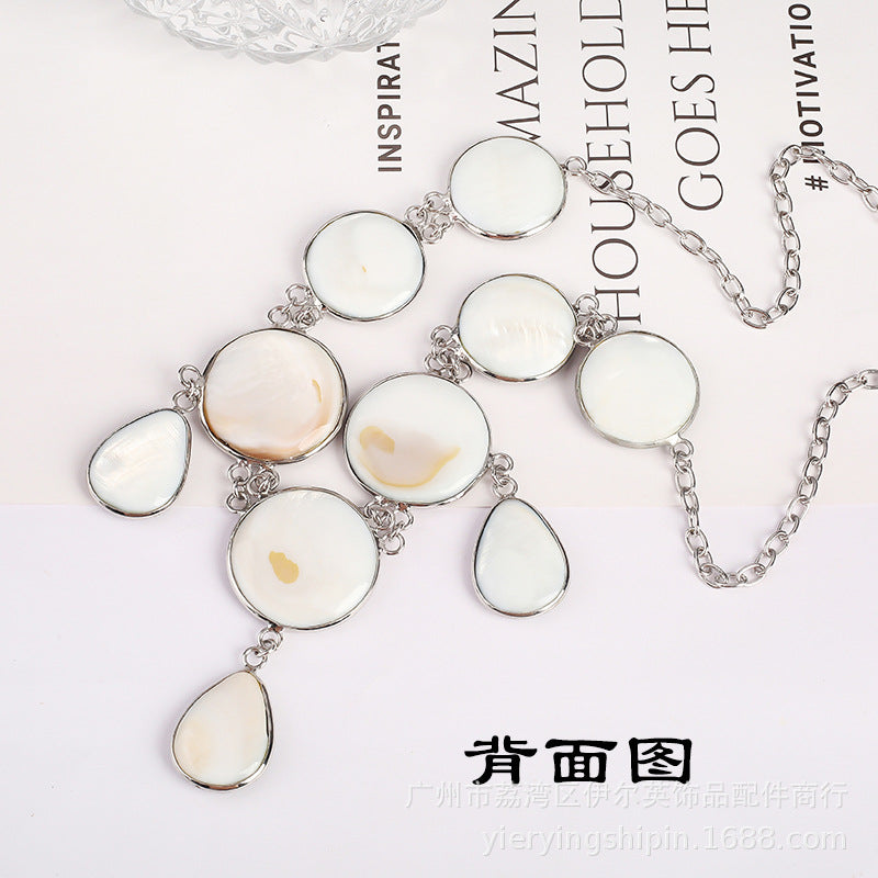 Ocean Queen Natural White Shell Long Necklace for Women, Versatile High-End Look Collarbone Chain, Copper Silver-Plated Jewelry Wholesale
