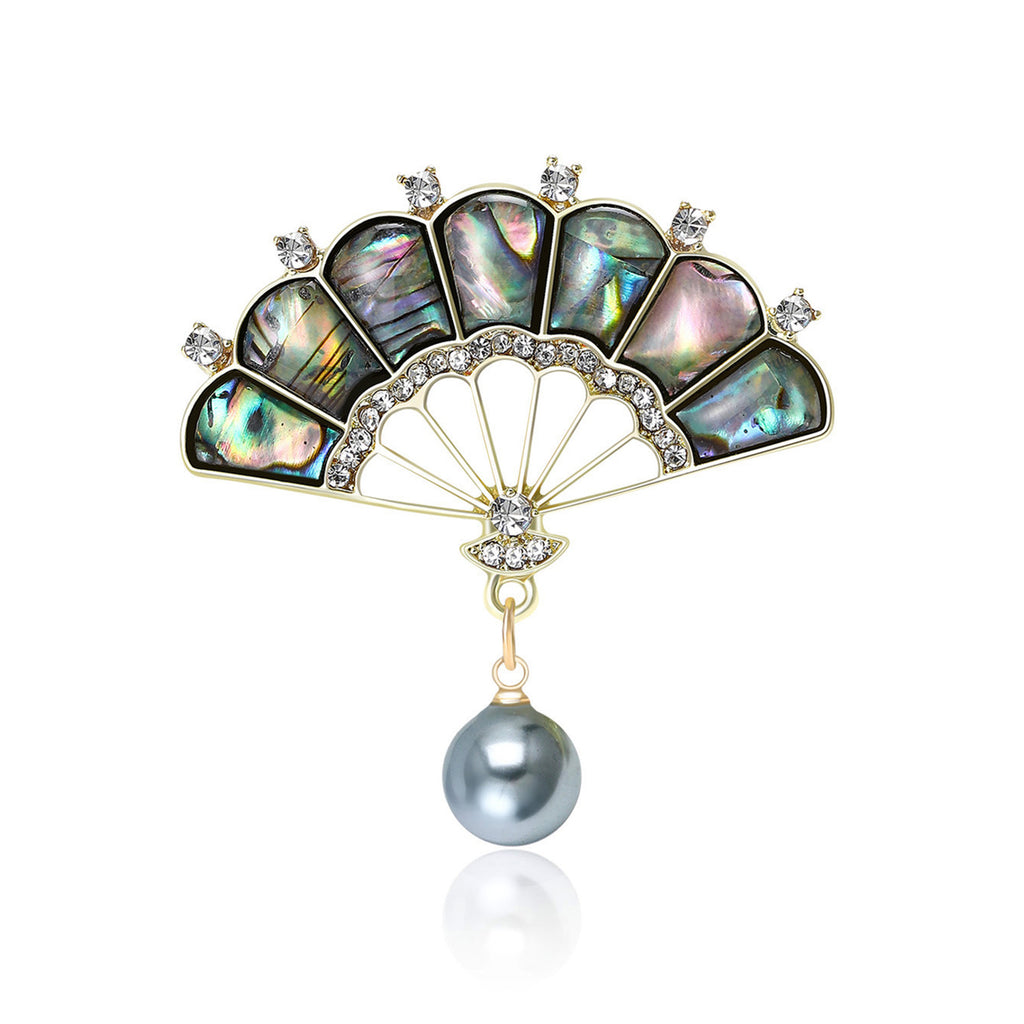 Classical Elegant Mother-of-Pearl Fan Brooch with Rhinestones and Abalone Shell, Graceful and Stylish Women's Accessory BR4998