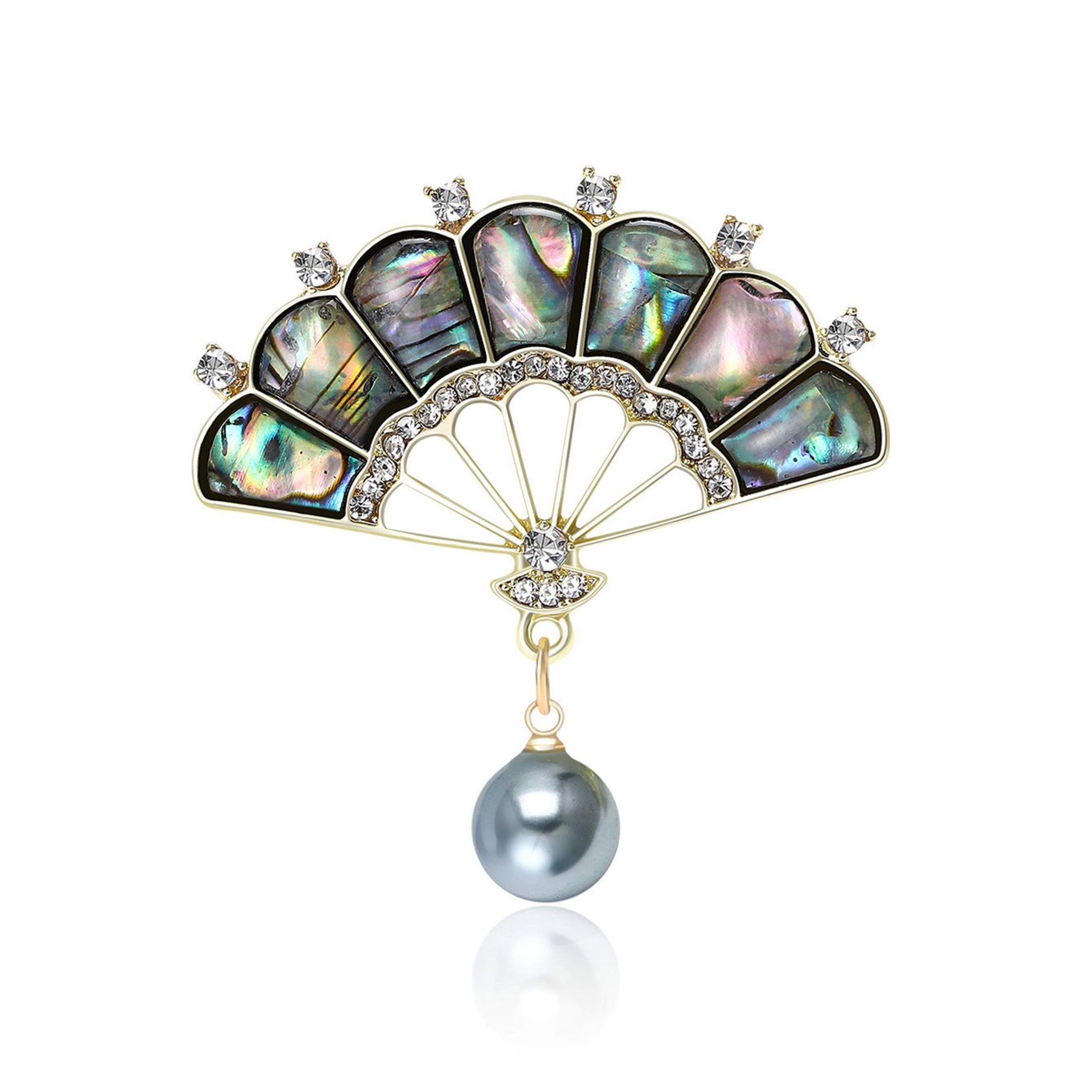 Classical Elegant Mother-of-Pearl Fan Brooch with Rhinestones and Abalone Shell, Graceful and Stylish Women's Accessory BR4998