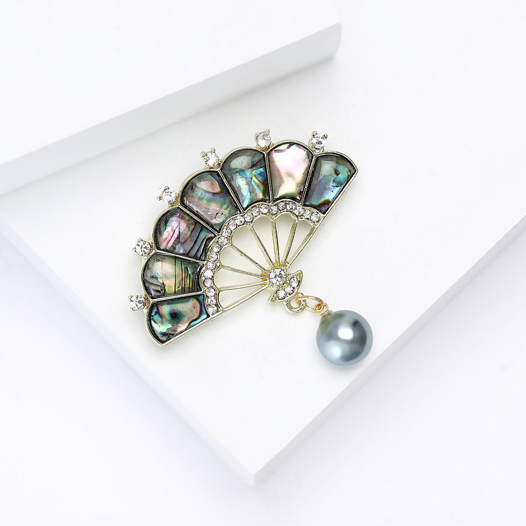 Classical Elegant Mother-of-Pearl Fan Brooch with Rhinestones and Abalone Shell, Graceful and Stylish Women's Accessory BR4998