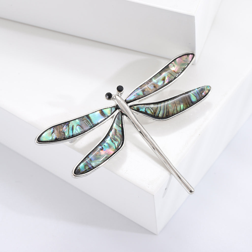 Retro Art Dragonfly Brooch Alloy Emerald Shell Pin for Suits, Coats, and Jackets