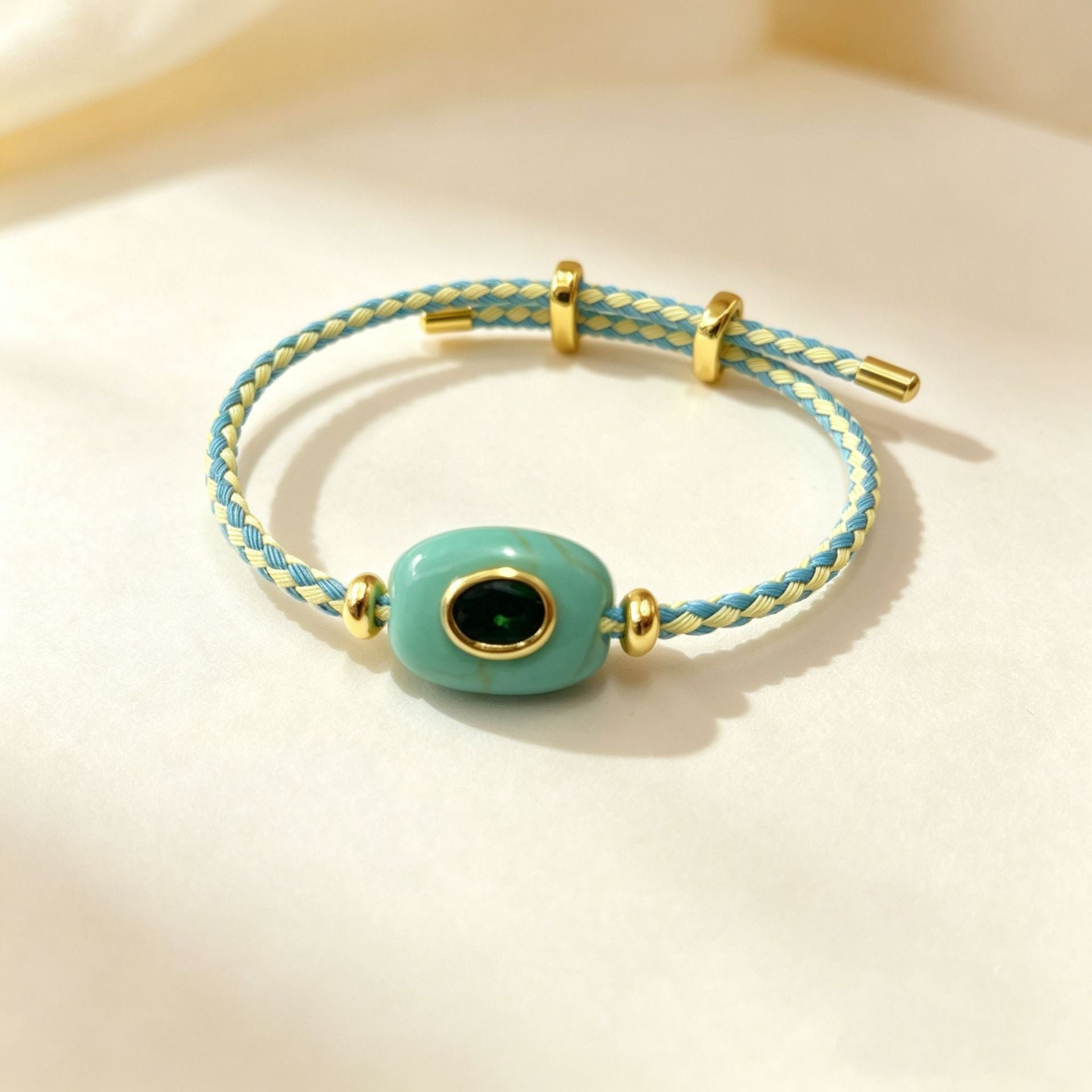 Hand-woven adjustable bracelet featuring crystals, gemstones, and gold threads—a colorful, mood-boosting accessory.