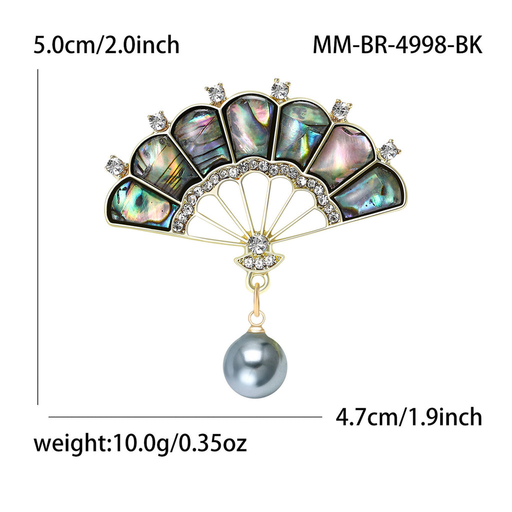 Classical Elegant Mother-of-Pearl Fan Brooch with Rhinestones and Abalone Shell, Graceful and Stylish Women's Accessory BR4998
