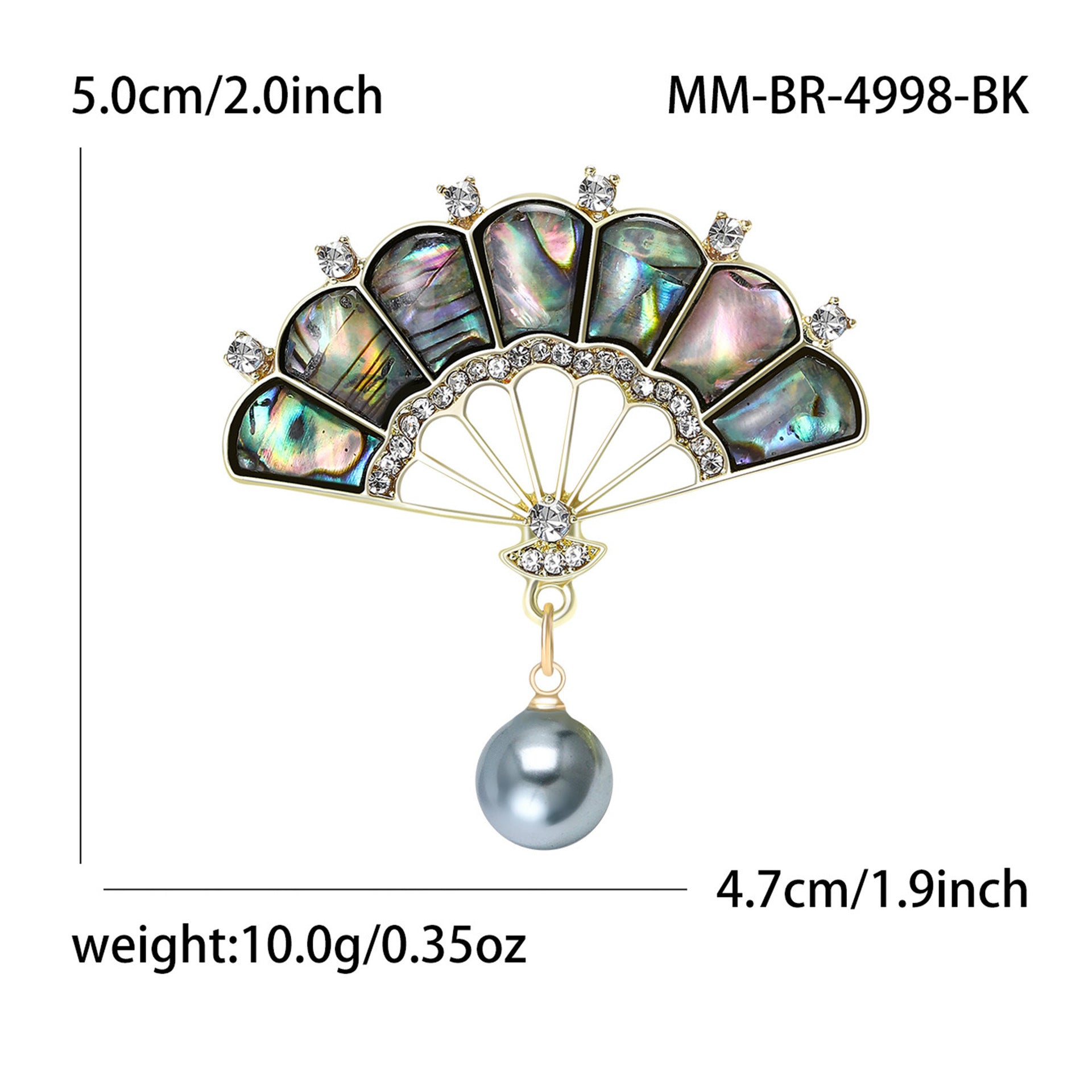 Classical Elegant Mother-of-Pearl Fan Brooch with Rhinestones and Abalone Shell, Graceful and Stylish Women's Accessory BR4998