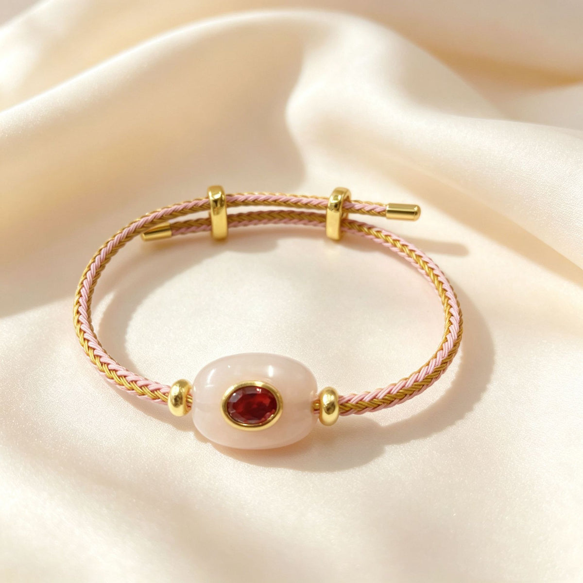 Hand-woven adjustable bracelet featuring crystals, gemstones, and gold threads—a colorful, mood-boosting accessory.
