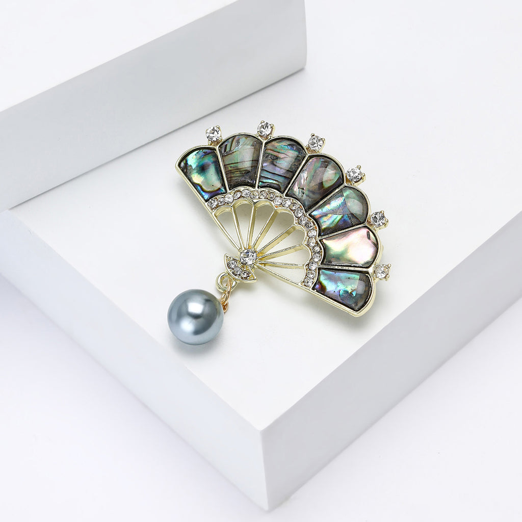 Classical Elegant Mother-of-Pearl Fan Brooch with Rhinestones and Abalone Shell, Graceful and Stylish Women's Accessory BR4998