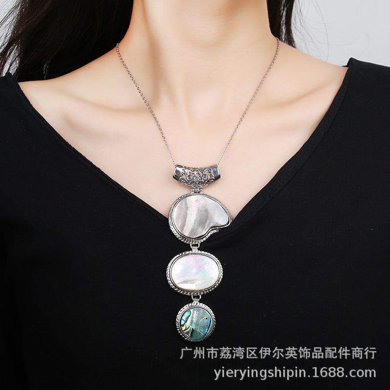 Natural Abalone Vintage Oval Fashion Colorful Shell Round Pendant Gourd-Shaped White Shell Collarbone Necklace