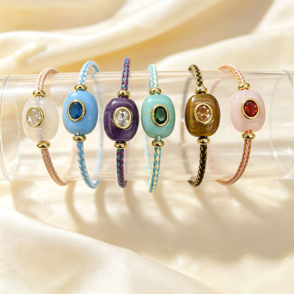Hand-woven adjustable bracelet featuring crystals, gemstones, and gold threads—a colorful, mood-boosting accessory.
