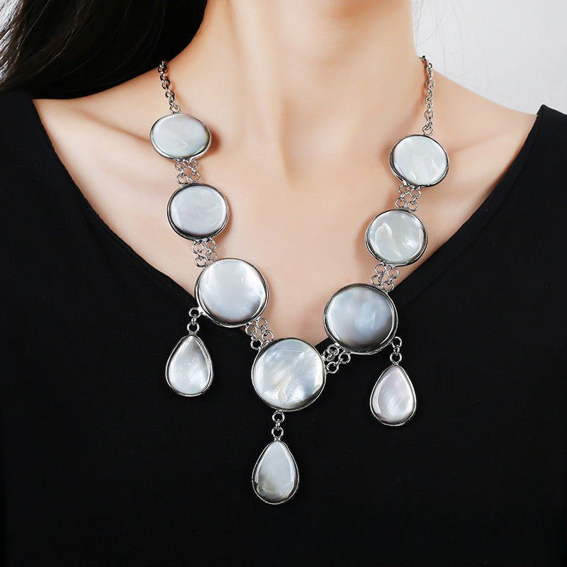 Ocean Queen Natural White Shell Long Necklace for Women, Versatile High-End Look Collarbone Chain, Copper Silver-Plated Jewelry Wholesale
